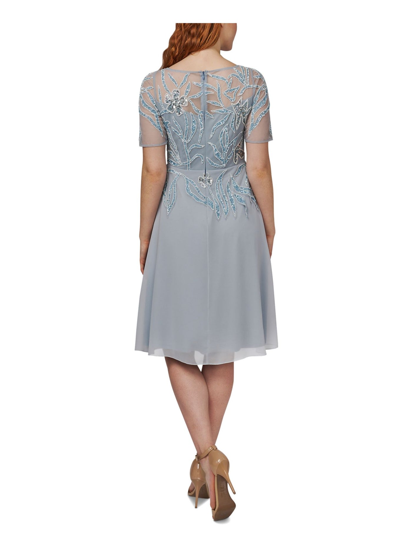 ADRIANNA PAPELL Womens Embellished Short Sleeve Round Neck Knee Length Cocktail Fit + Flare Dress