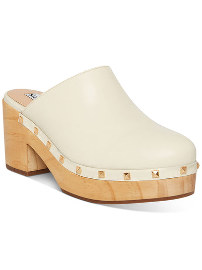 STEVE MADDEN Womens Bone Ivory 1-1/2" Wood Platform Studded Padded Brooklyn Round Toe Block Heel Slip On Leather Clogs 11 M