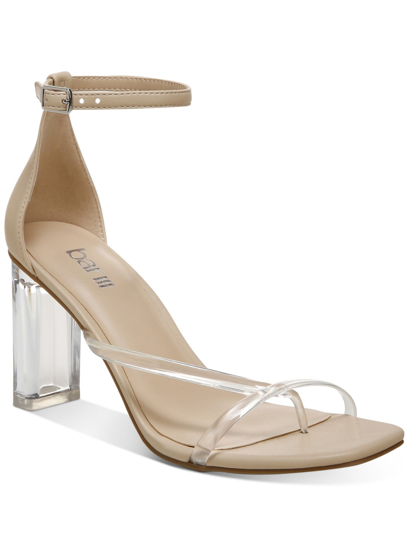 BAR III Womens Beige Asymmetrical Transparent Ankle Strap Cushioned Blakke Round Toe Block Heel Buckle Heeled Sandal 8.5 M