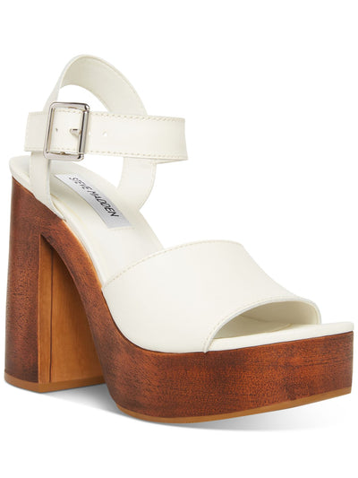 STEVE MADDEN Womens White 1-1/2" Platform Padded Adjustable Ankle Strap Kye Open Toe Block Heel Buckle Leather Heeled Sandal 9.5 M