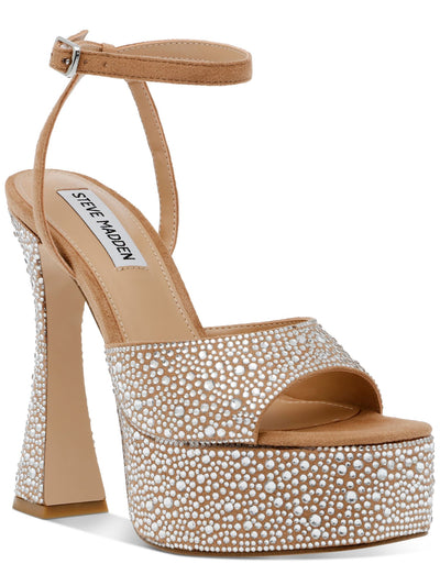 STEVE MADDEN Womens Beige 2" Platform Ankle Strap Rhinestone Lightness Square Toe Flare Buckle Dress Heeled Sandal 11 M