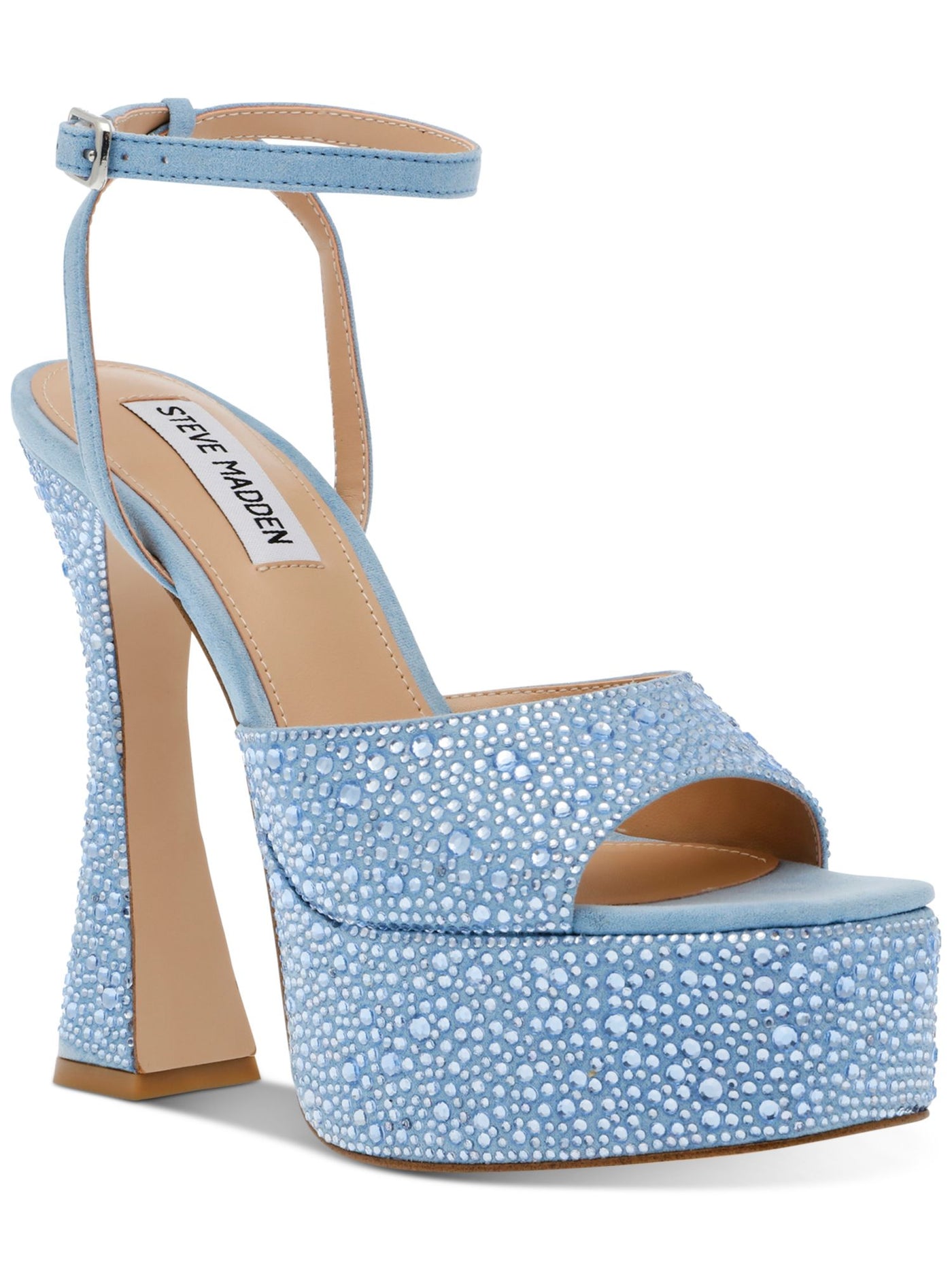 STEVE MADDEN Womens Light Blue 2" Platform Ankle Strap Rhinestone Lightness Square Toe Flare Buckle Dress Heeled Sandal 10 M