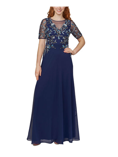 ADRIANNA PAPELL Womens Navy Beaded Sequined Zippered Lined Short Sleeve Round Neck Full-Length Evening Gown Dress 4