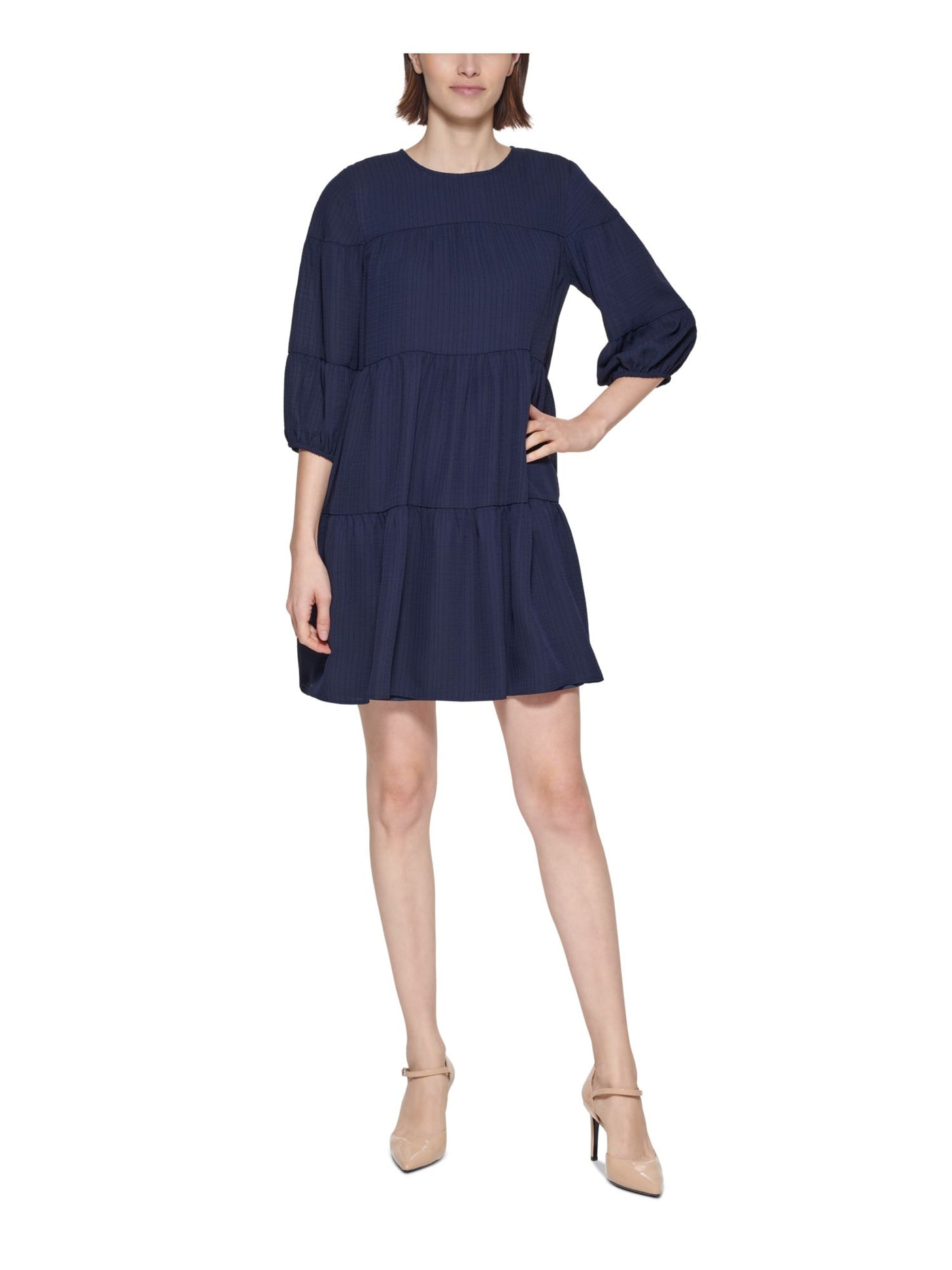 CALVIN KLEIN Womens Navy Textured Keyhole Button Back Tiered 3/4 Sleeve Crew Neck Short Shift Dress 10