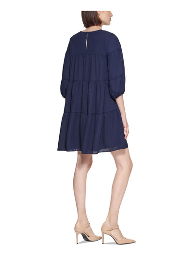 CALVIN KLEIN Womens Navy Textured Keyhole Button Back Tiered 3/4 Sleeve Crew Neck Short Shift Dress 10