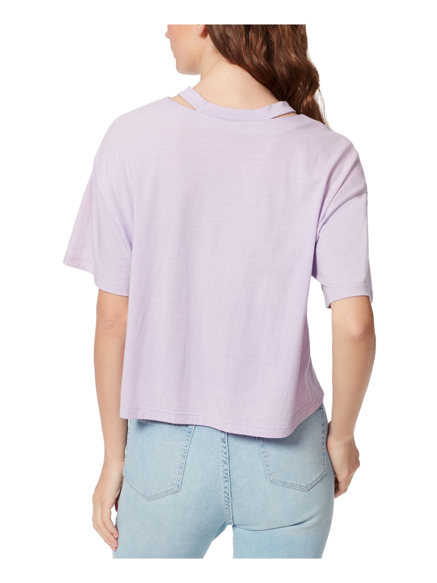 FRAYED JEANS Womens Purple Cut Out Dropped Shoulder Split Hem Graphic Short Sleeve Crew Neck T-Shirt XL