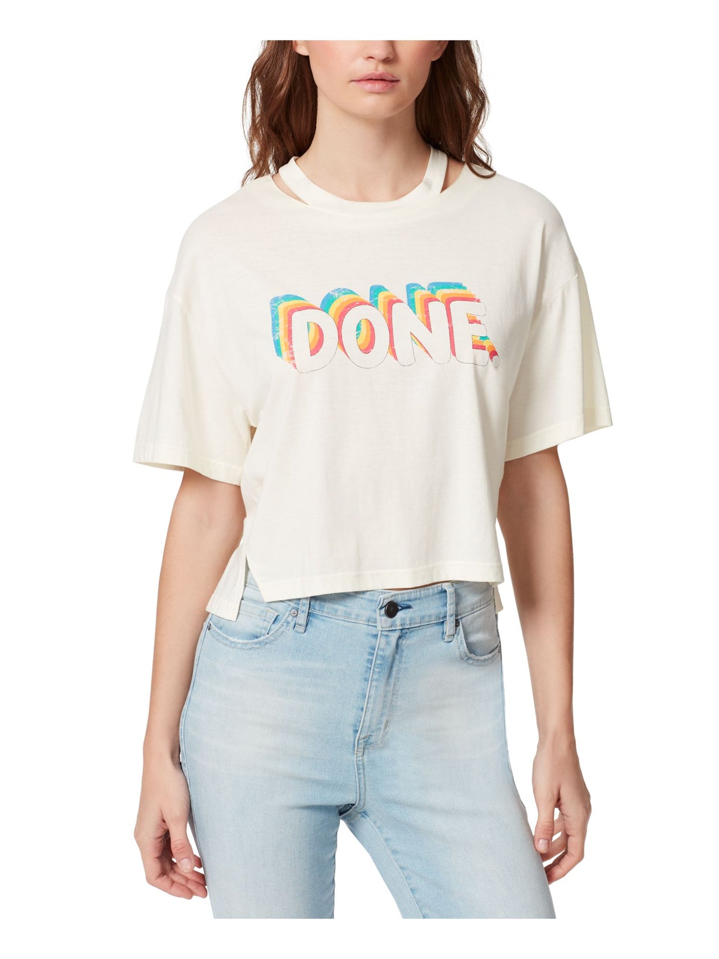 FRAYED JEANS Womens Ivory Graphic Short Sleeve Crew Neck T-Shirt XS