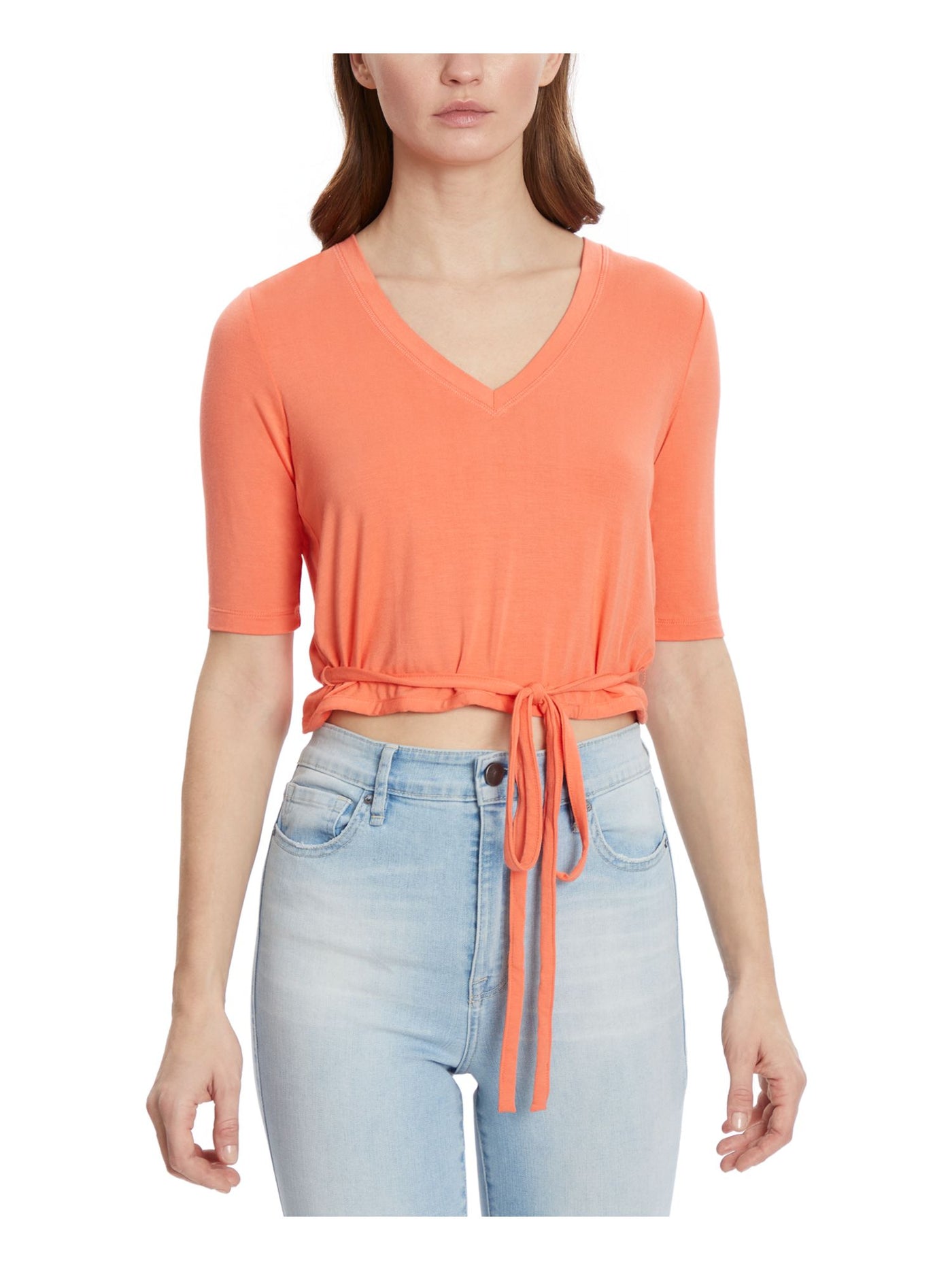 FRAYED JEANS Womens Orange Fitted Wrap Back Front Tie Short Sleeve V Neck Top M