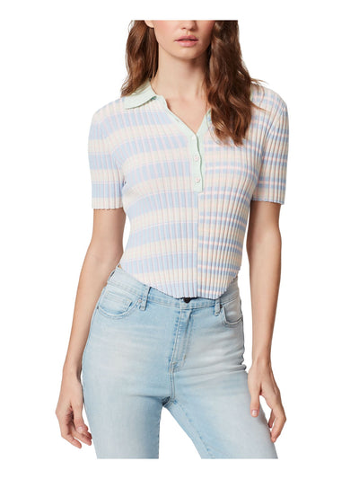FRAYED JEANS Womens Pink Ribbed Fitted Corset Button Front Striped Short Sleeve Point Collar Top M