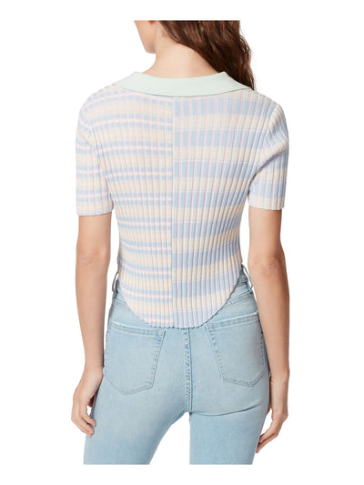 FRAYED JEANS Womens Pink Ribbed Fitted Corset Button Front Striped Short Sleeve Point Collar Top M