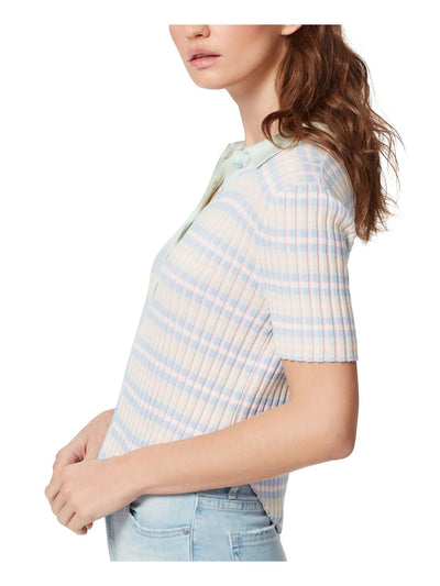 FRAYED JEANS Womens Pink Ribbed Fitted Corset Button Front Striped Short Sleeve Point Collar Top M
