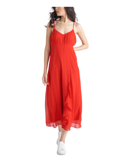 CHAMPION Womens Red Adjustable Zippered Lined Sheer Gathered Ruffled Spaghetti Strap V Neck Tea-Length Empire Waist Dress M