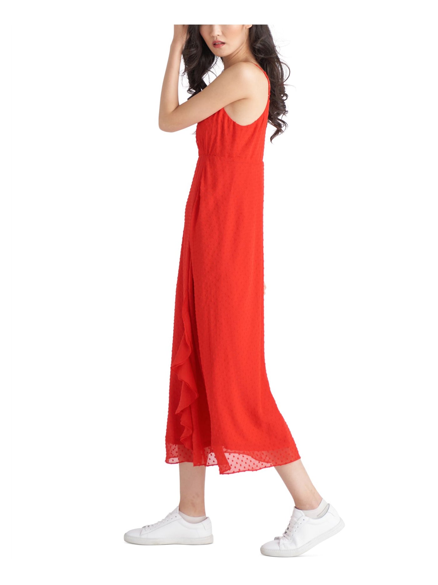 BLACK TAPE Womens Red Adjustable Zippered Lined Sheer Gathered Ruffled Spaghetti Strap V Neck Tea-Length Empire Waist Dress XS