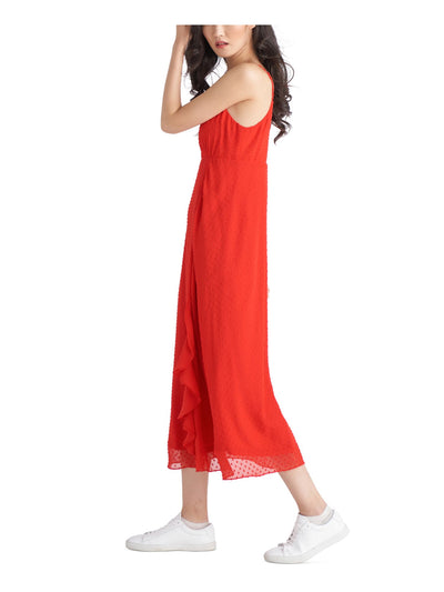 CHAMPION Womens Red Adjustable Zippered Lined Sheer Gathered Ruffled Spaghetti Strap V Neck Tea-Length Empire Waist Dress M