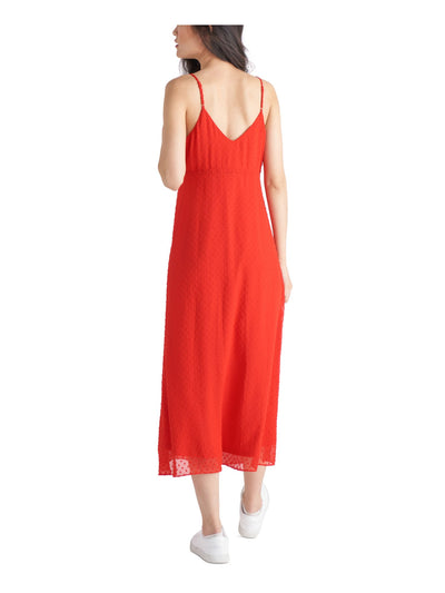 CHAMPION Womens Red Adjustable Zippered Lined Sheer Gathered Ruffled Spaghetti Strap V Neck Tea-Length Empire Waist Dress M