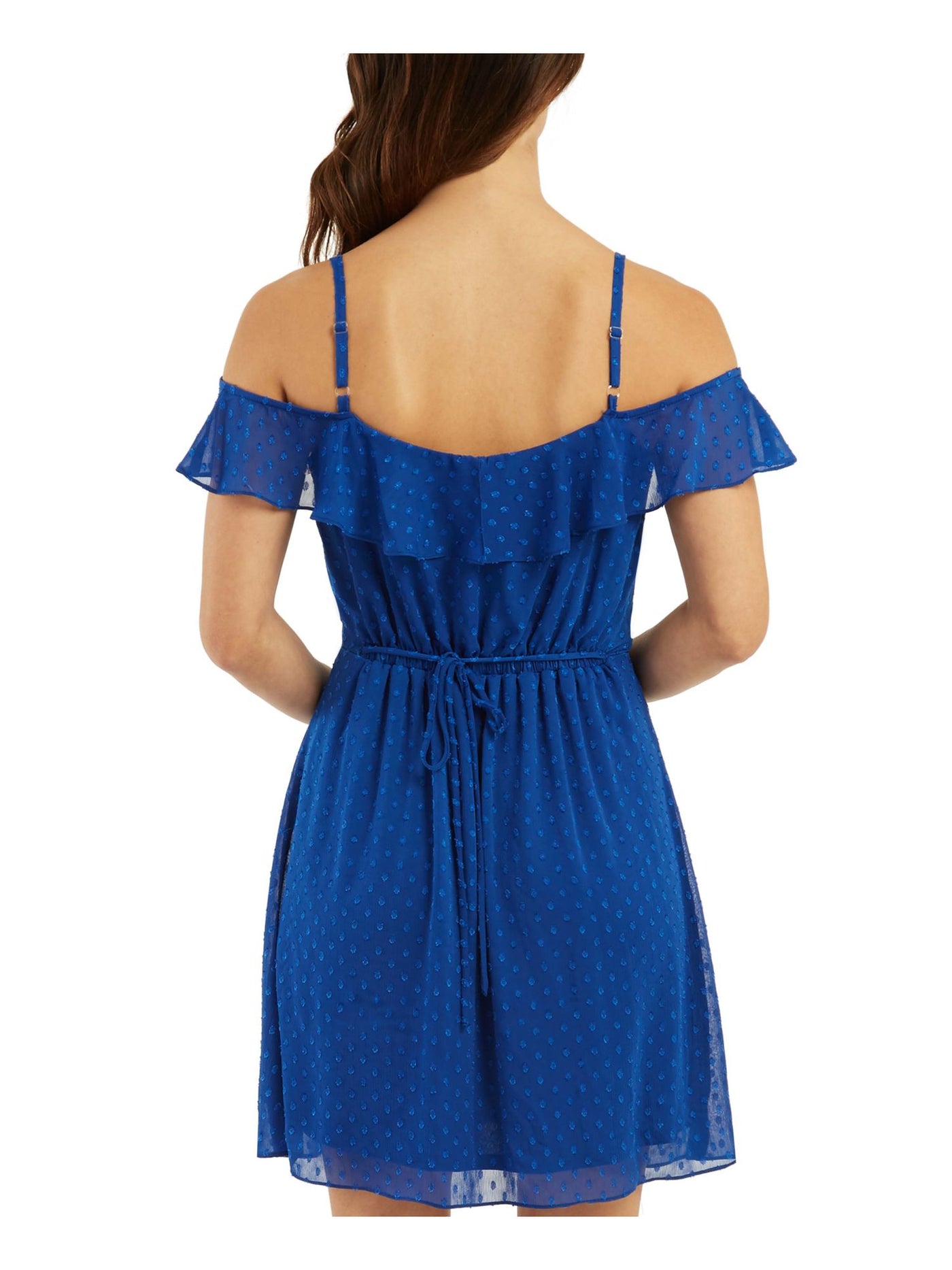 BCX DRESS Womens Blue Adjustable Cold Shoulder Ruffled Tie Sheer Clip Dot Lined Spaghetti Strap V Neck Above The Knee Fit + Flare Dress XS