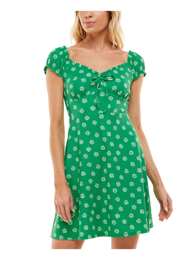 ULTRA FLIRT Womens Green Smocked Ruffled Unlined Tie Detail Floral Cap Sleeve Sweetheart Neckline Below The Knee Fit + Flare Dress S