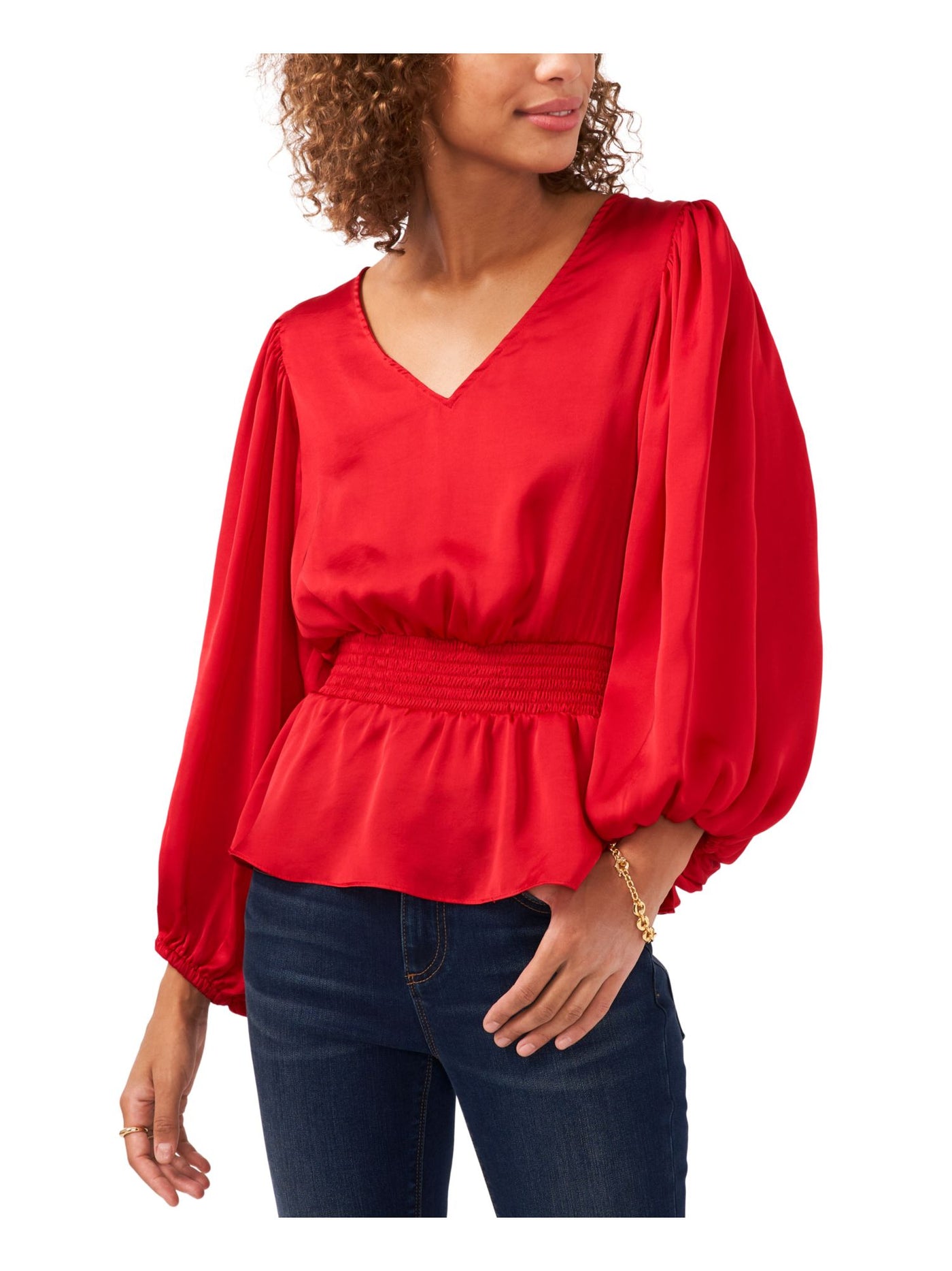 VINCE CAMUTO Womens Red Smocked Pleated Balloon Sleeve V Neck Wear To Work Peplum Top XS