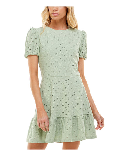 SPEECHLESS Womens Green Eyelet Zippered Lined Elastic Cuffs Ruffled Pouf Sleeve Crew Neck Mini Fit + Flare Dress XXL