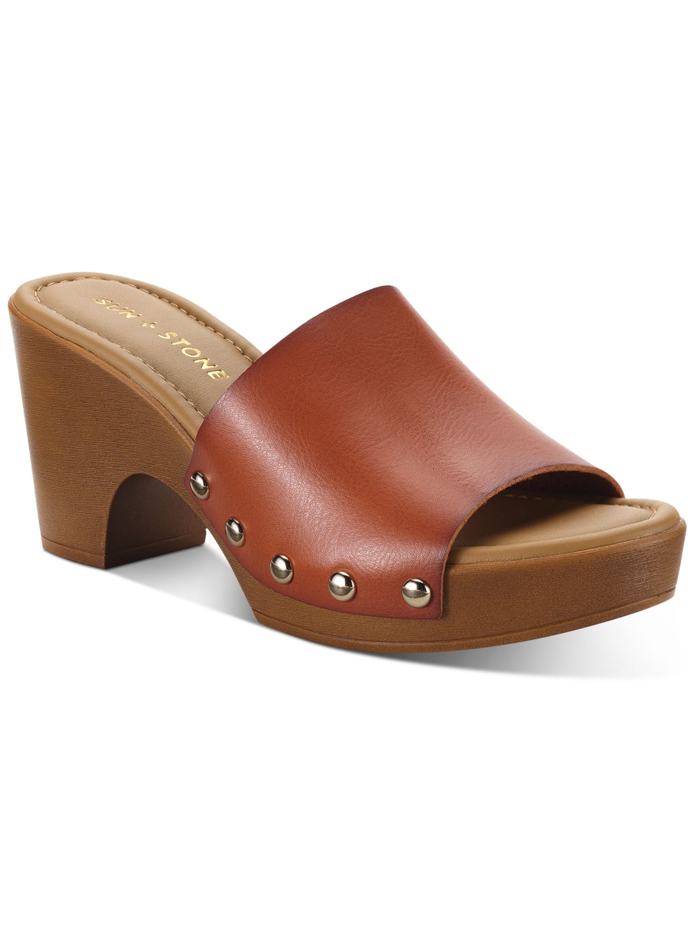 SUN STONE Womens Brown Studded 1" Platform Padded Goring Alina Almond Toe Block Heel Slip On Heeled Sandal 7 M