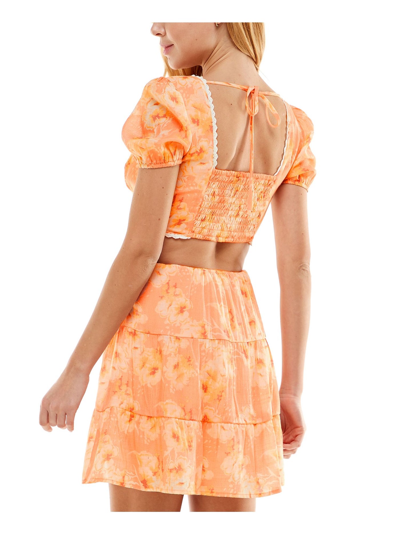 CITY STUDIO Womens Orange Smocked Cut Out Tie Back Lace Trim Tiered Skirt Printed Short Sleeve V Neck Mini Party Fit + Flare Dress XXL