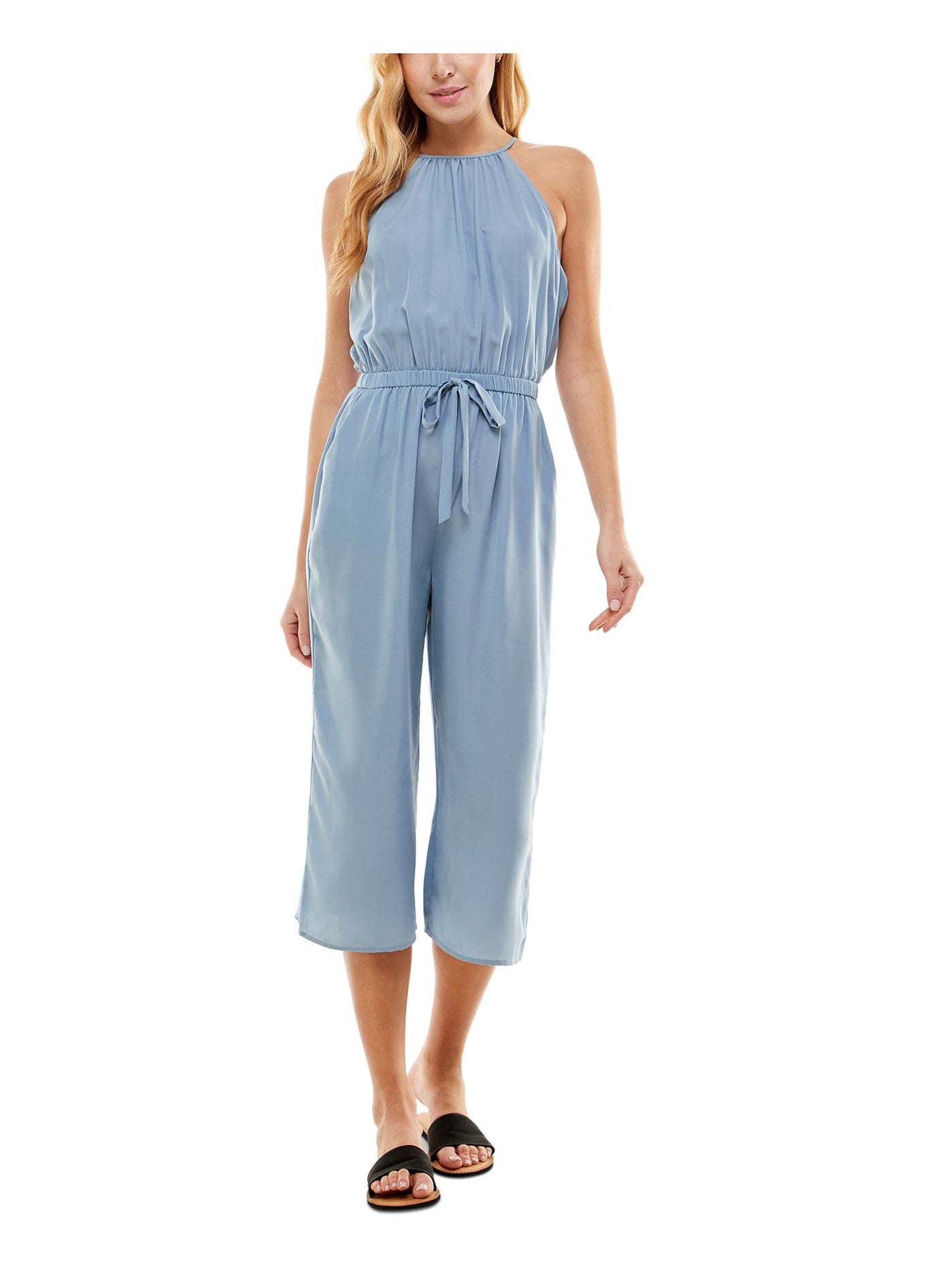 KINGSTON GREY Womens Blue Pocketed Tie Keyhole Back Drawstring Waist Sleeveless Halter Cropped Jumpsuit XXS