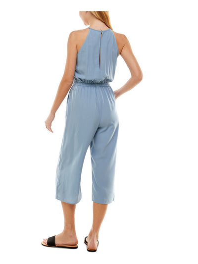 KINGSTON GREY Womens Blue Pocketed Tie Keyhole Back Drawstring Waist Sleeveless Halter Cropped Jumpsuit XXS