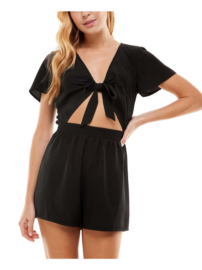 BEBOP Womens Black Cut Out Smocked Tie Front Flutter Sleeve V Neck High Waist Romper XS