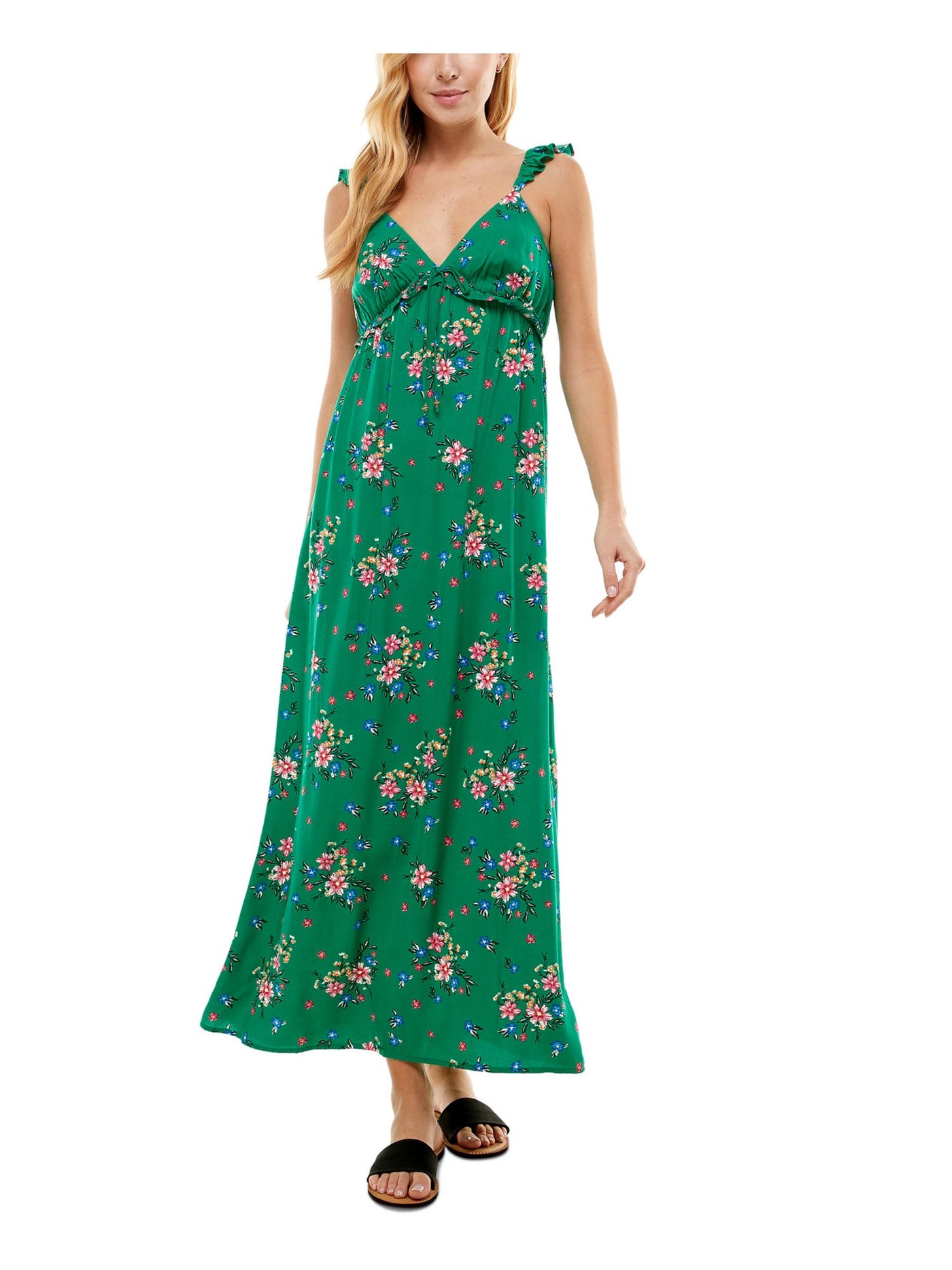 KINGSTON GREY Womens Green Sheer Ruffled Unlined Tie Detail Pullover Floral Sleeveless V Neck Full-Length Empire Waist Dress XXS