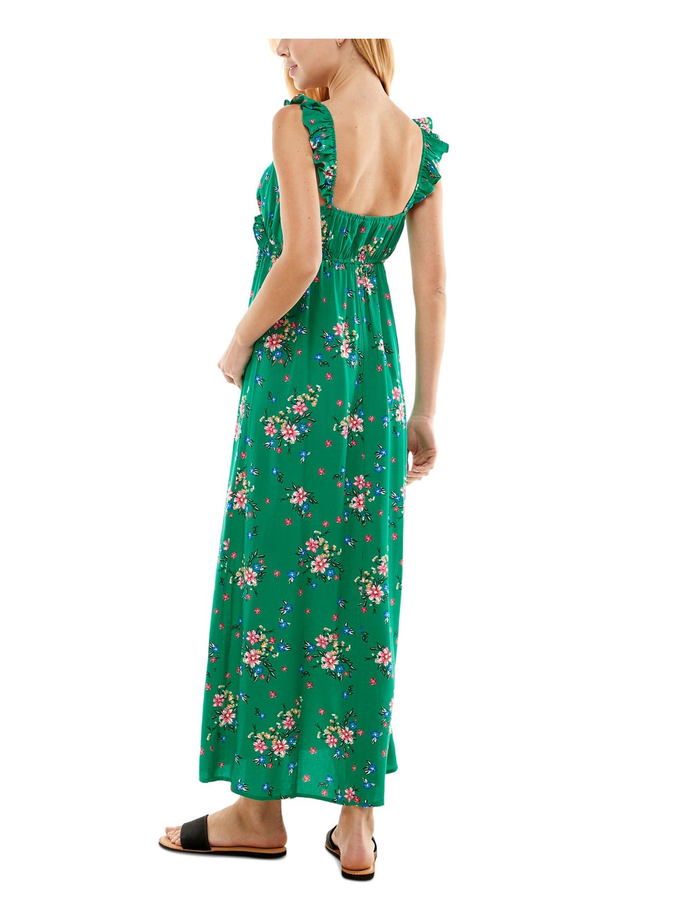 KINGSTON GREY Womens Green Sheer Ruffled Unlined Tie Detail Pullover Floral Sleeveless V Neck Full-Length Empire Waist Dress Juniors XS