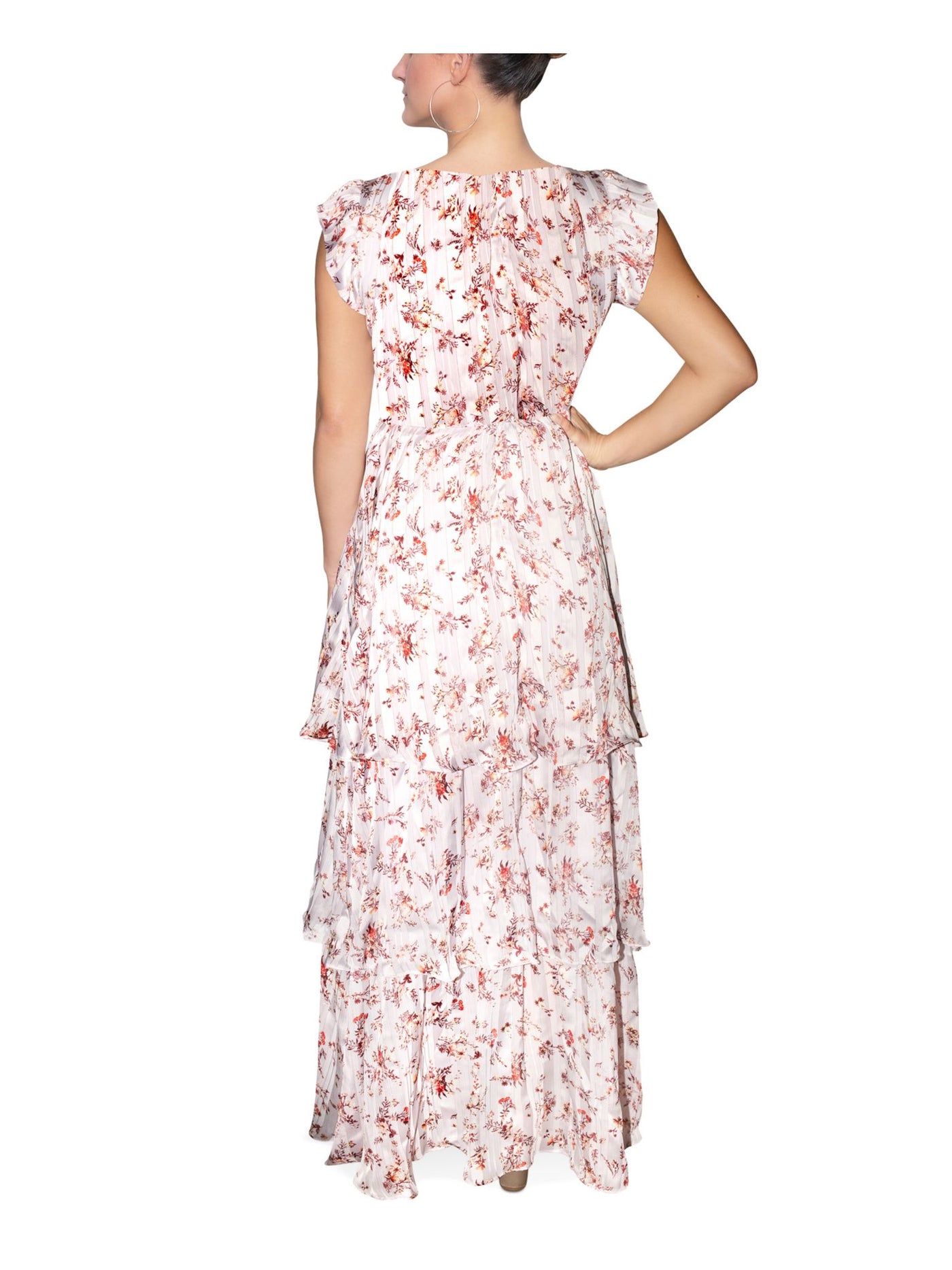 RACHEL RACHEL ROY Womens Purple Zippered Metallic Tiered Lined Floral Flutter Sleeve V Neck Full-Length Gown Dress 0