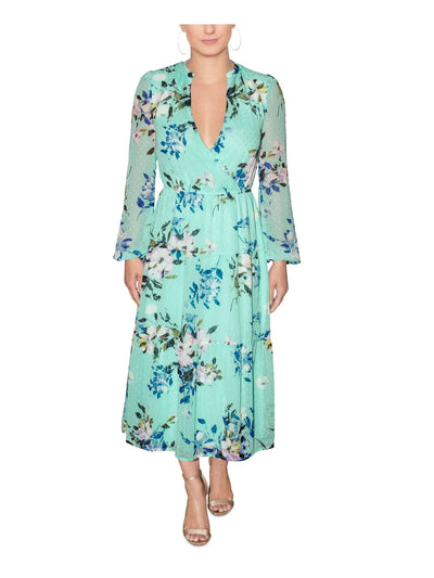 RACHEL RACHEL ROY Womens Aqua Sheer Tie Pullover Lined Swiss Dots Tiered Floral Long Sleeve V Neck Tea-Length Fit + Flare Dress 8