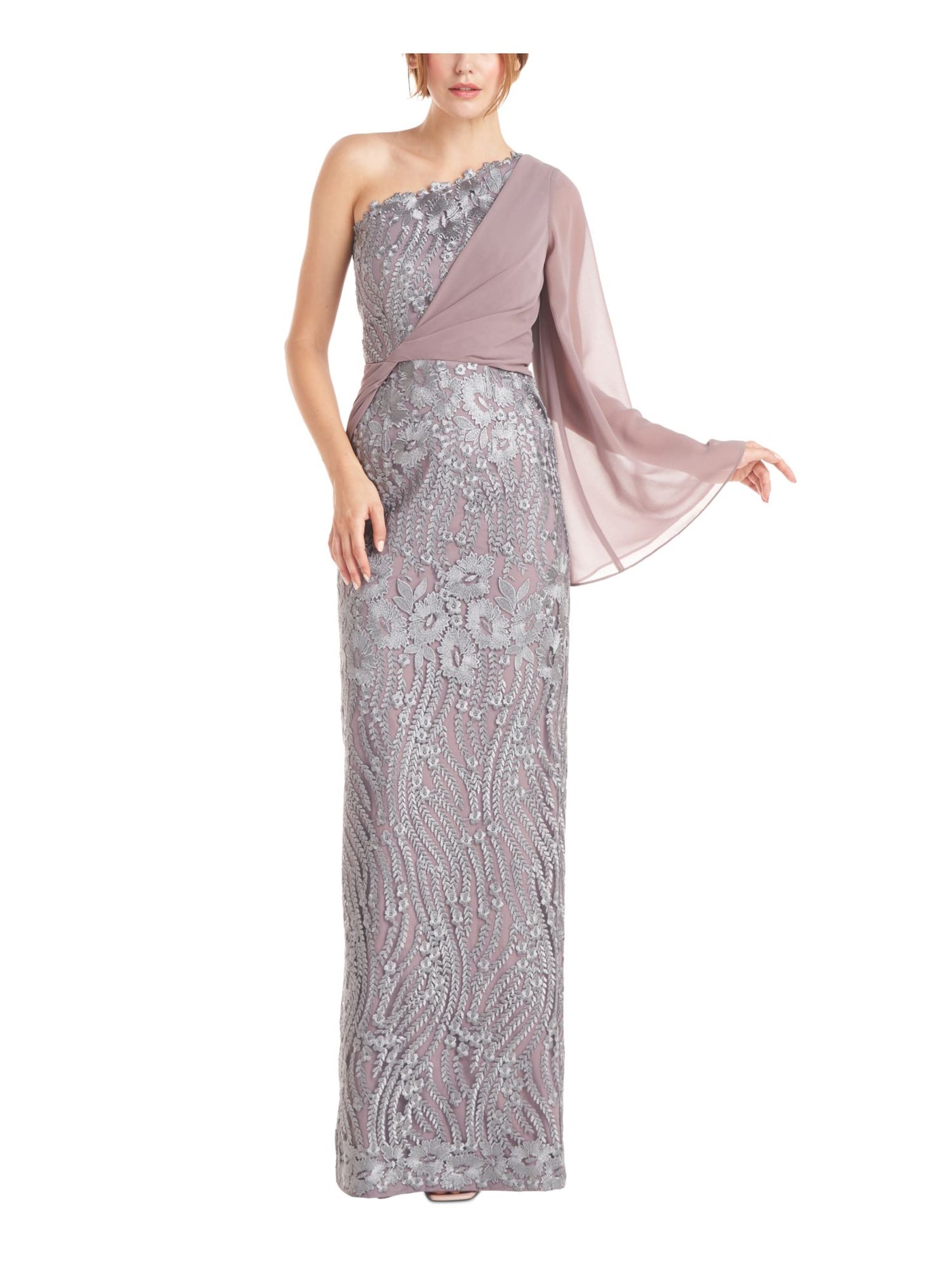 JS COLLECTIONS Womens Silver Embroidered Zippered Overlay Lined Floral Long Sleeve Asymmetrical Neckline Full-Length Evening Gown Dress 18