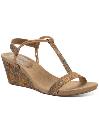 STYLE & COMPANY Womens Beige Floral Stretch Slip Resistant T-Strap Mulan Round Toe Wedge Slip On Slingback Sandal 8 W