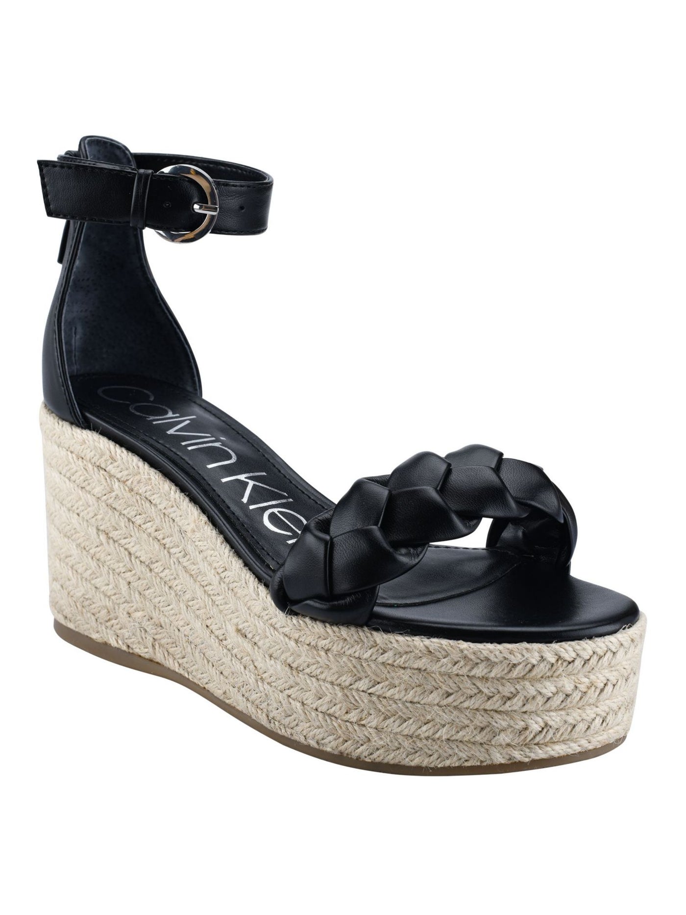 CALVIN KLEIN Womens Black 1-1/2" Platform Padded Ankle Strap Braided Thea Round Toe Wedge Buckle Espadrille Shoes 6 M