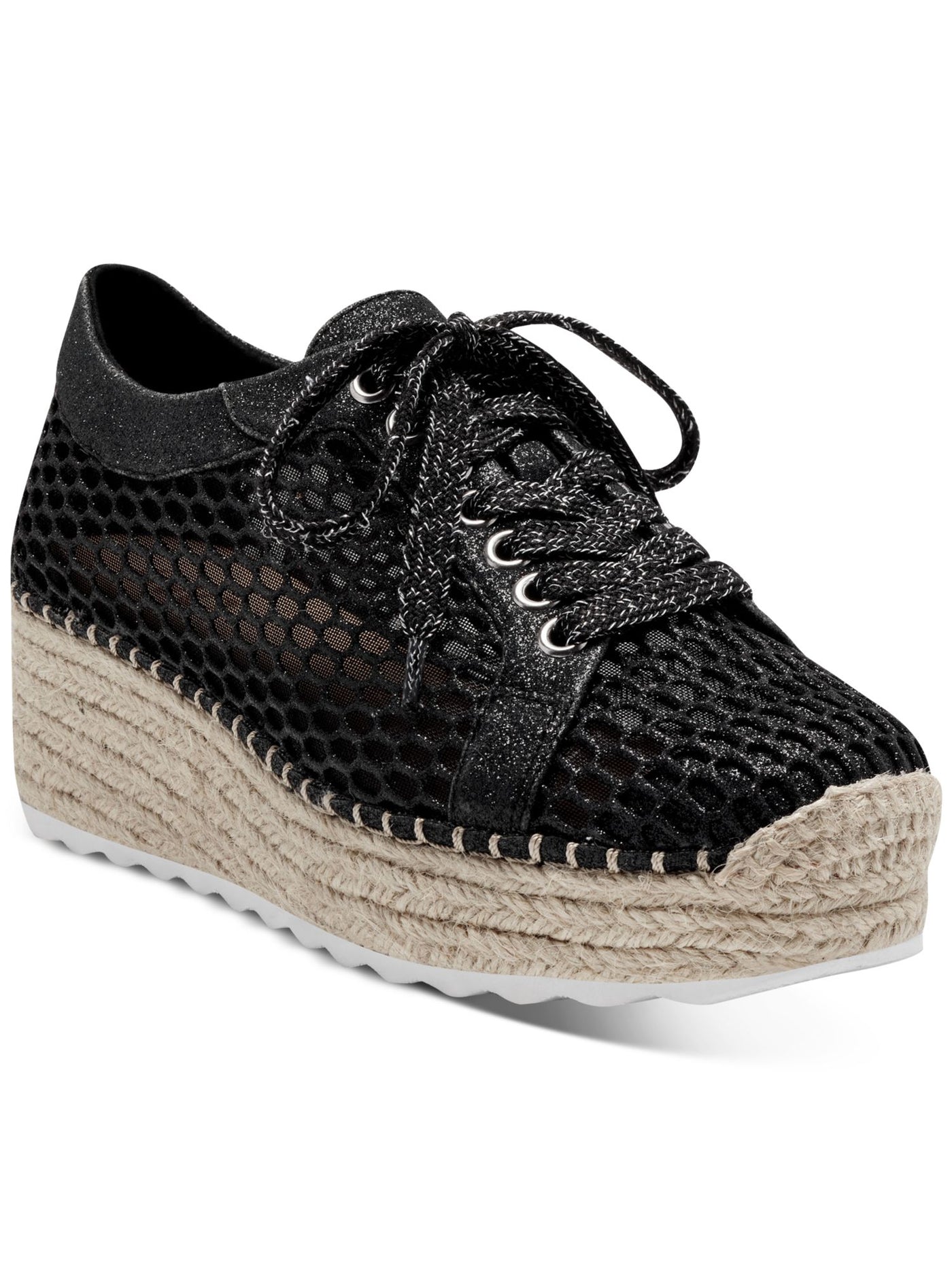 INC Womens Black Mesh 1" Platform Glitter Espadrille Padded Breathable Perforated Asina Round Toe Wedge Lace-Up Sneakers Shoes 9.5 M