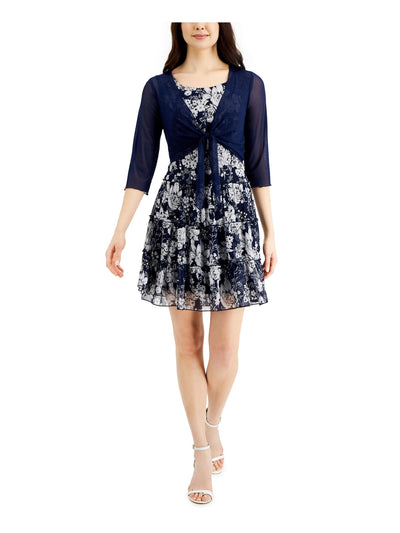 CONNECTED APPAREL Womens Navy Sheer Tie 3/4 Sleeve V Neck Wear To Work Cardigan Petites 4P