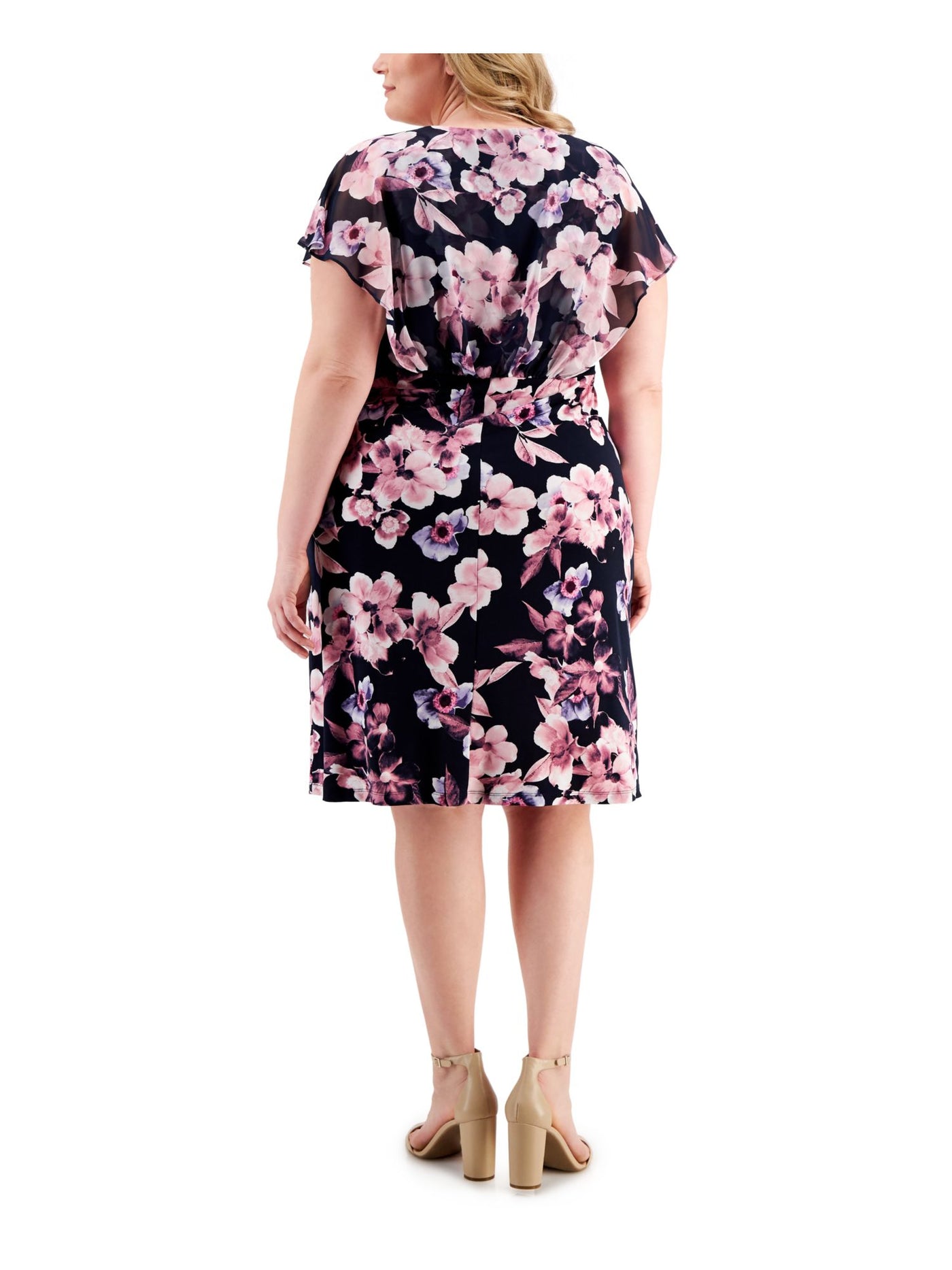CONNECTED APPAREL Womens Navy Floral Sleeveless Round Neck Knee Length Wear To Work Shift Dress Plus 22W