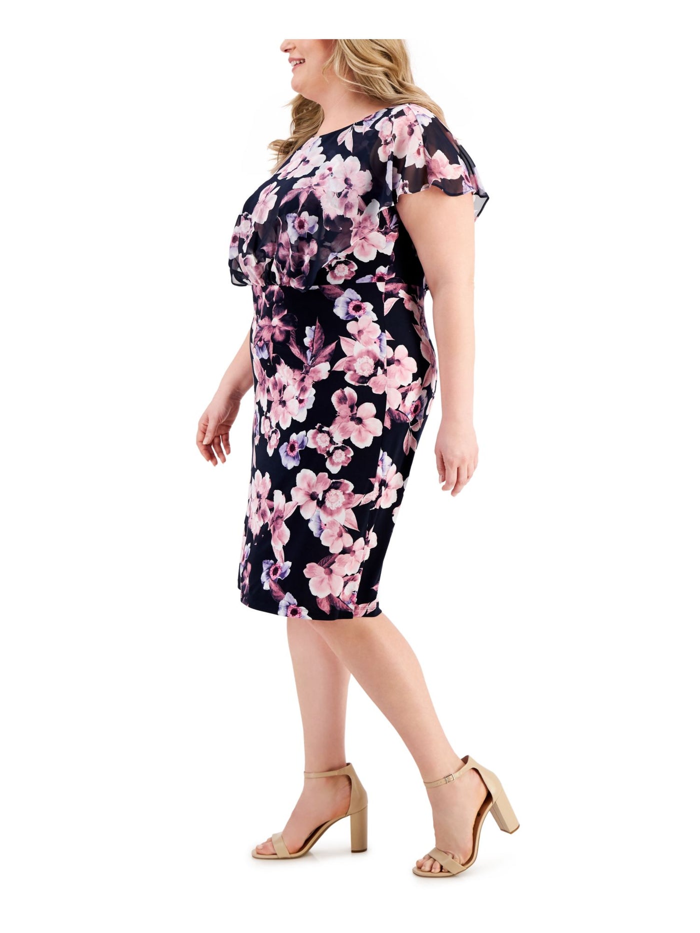 CONNECTED APPAREL Womens Navy Floral Sleeveless Round Neck Knee Length Wear To Work Shift Dress Plus 22W