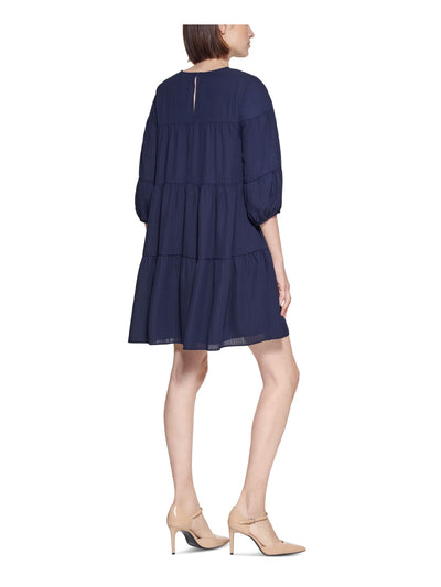 CALVIN KLEIN Womens Navy Textured Keyhole Back Tiered Lined 3/4 Sleeve Round Neck Short Shift Dress Petites 4P