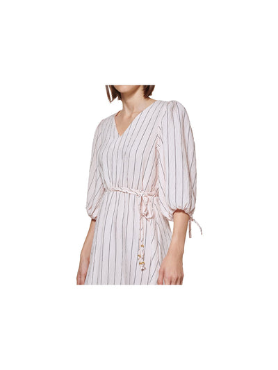 CALVIN KLEIN Womens Pink Tie Zippered Unlined Bead Detail Striped Pouf Sleeve V Neck Midi Fit + Flare Dress 12