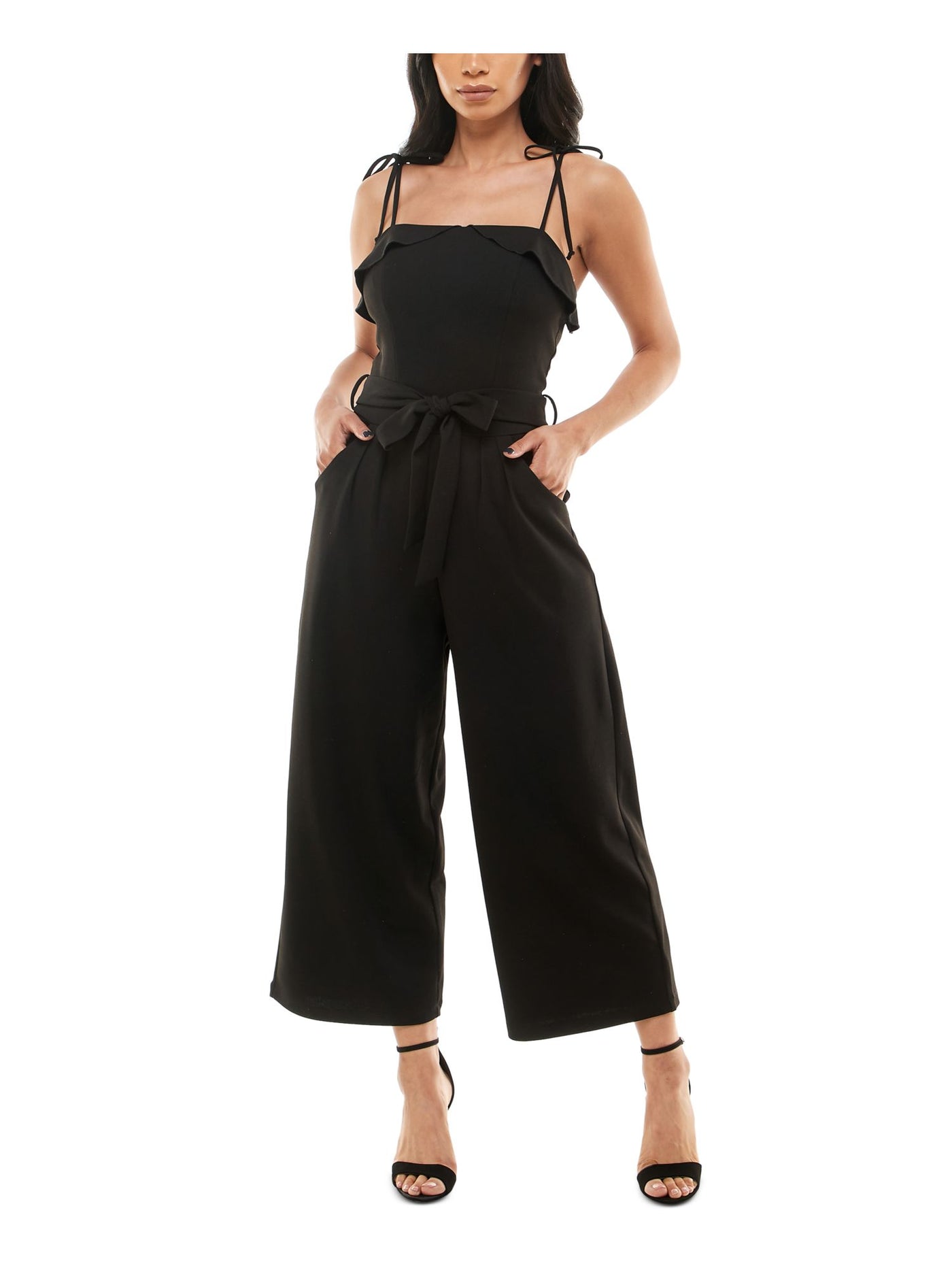 EMERALD SUNDAE Womens Black Ruffled Zippered Pleated Pocketed Tie Belt Crop Spaghetti Strap Square Neck Wide Leg Jumpsuit XXS