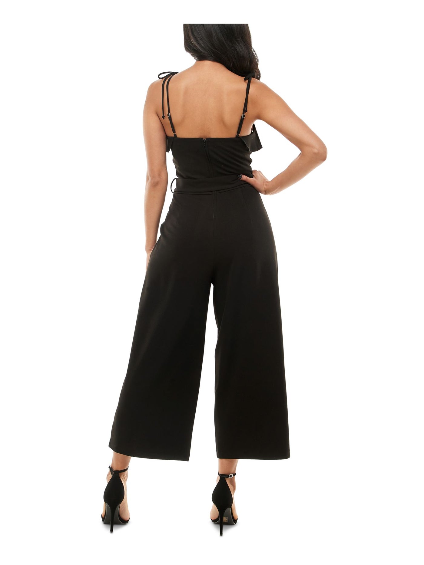 EMERALD SUNDAE Womens Black Ruffled Zippered Pleated Pocketed Tie Belt Crop Spaghetti Strap Square Neck Wide Leg Jumpsuit XXS