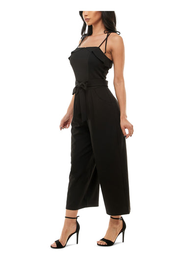 EMERALD SUNDAE Womens Black Ruffled Zippered Pleated Pocketed Tie Belt Crop Spaghetti Strap Square Neck Wide Leg Jumpsuit XXS