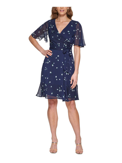 DKNY Womens Navy Zippered Ruffled Sheer Lined Floral Flutter Sleeve Surplice Neckline Knee Length Faux Wrap Dress 2