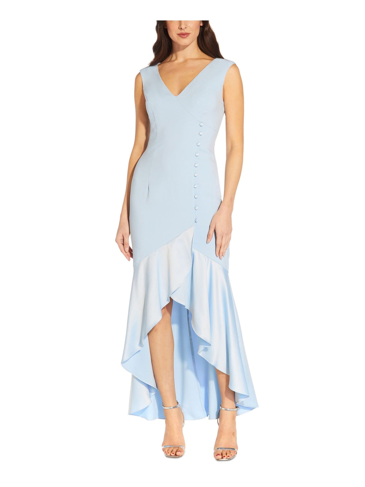 ADRIANNA PAPELL Womens Light Blue Zippered Ruffled Button Trim Satin Flounce Sleeveless V Neck Full-Length Party Hi-Lo Dress 0