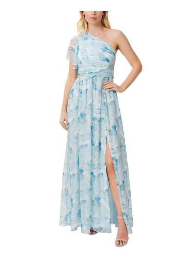 ADRIANNA PAPELL Womens Light Blue Ruched Zippered Slitted Pleated Sheer Lined Floral Flutter Sleeve Asymmetrical Neckline Full-Length Party Gown Dress 14