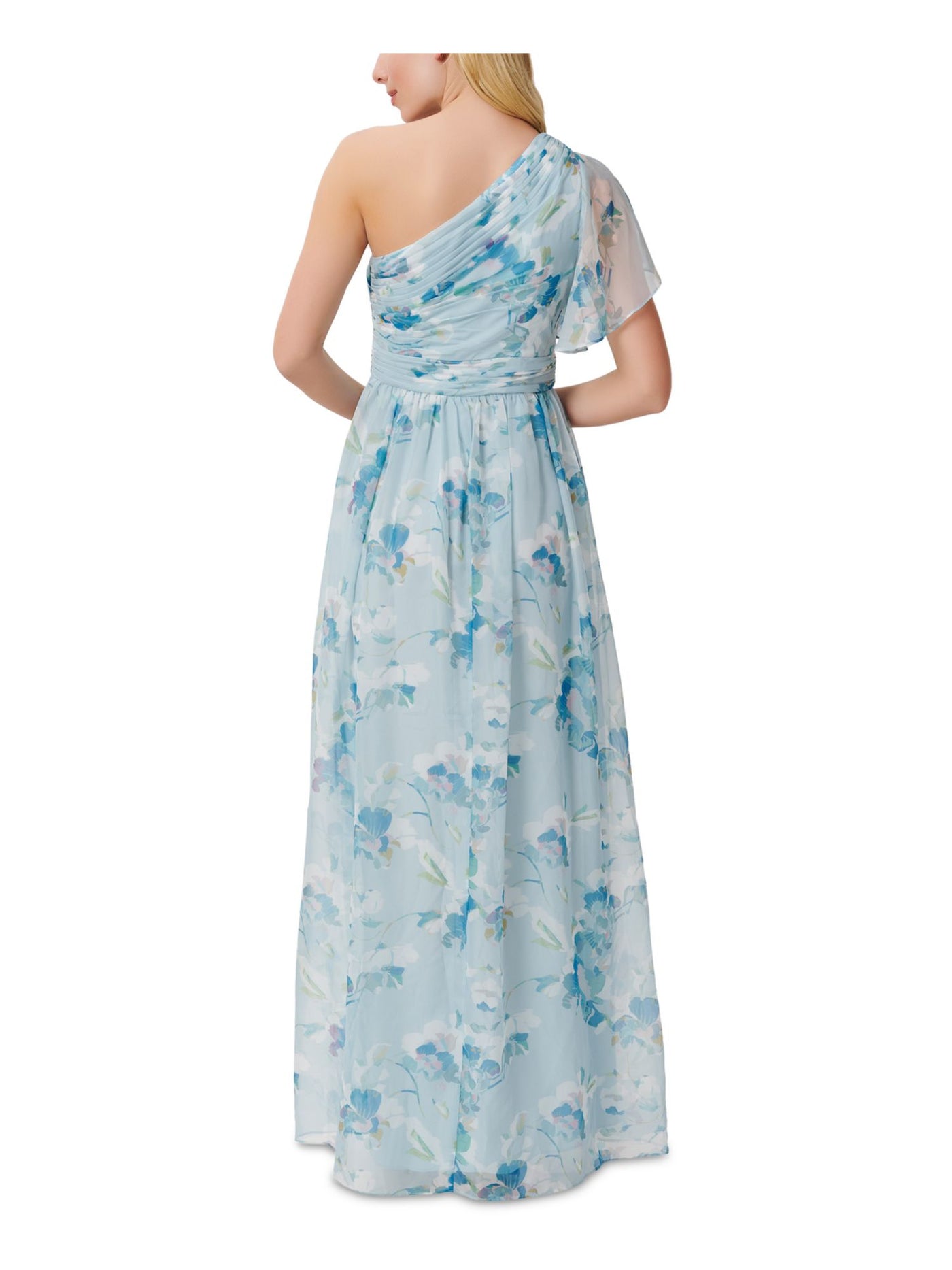 ADRIANNA PAPELL Womens Light Blue Ruched Zippered Slitted Pleated Sheer Lined Floral Flutter Sleeve Asymmetrical Neckline Full-Length Party Gown Dress 14