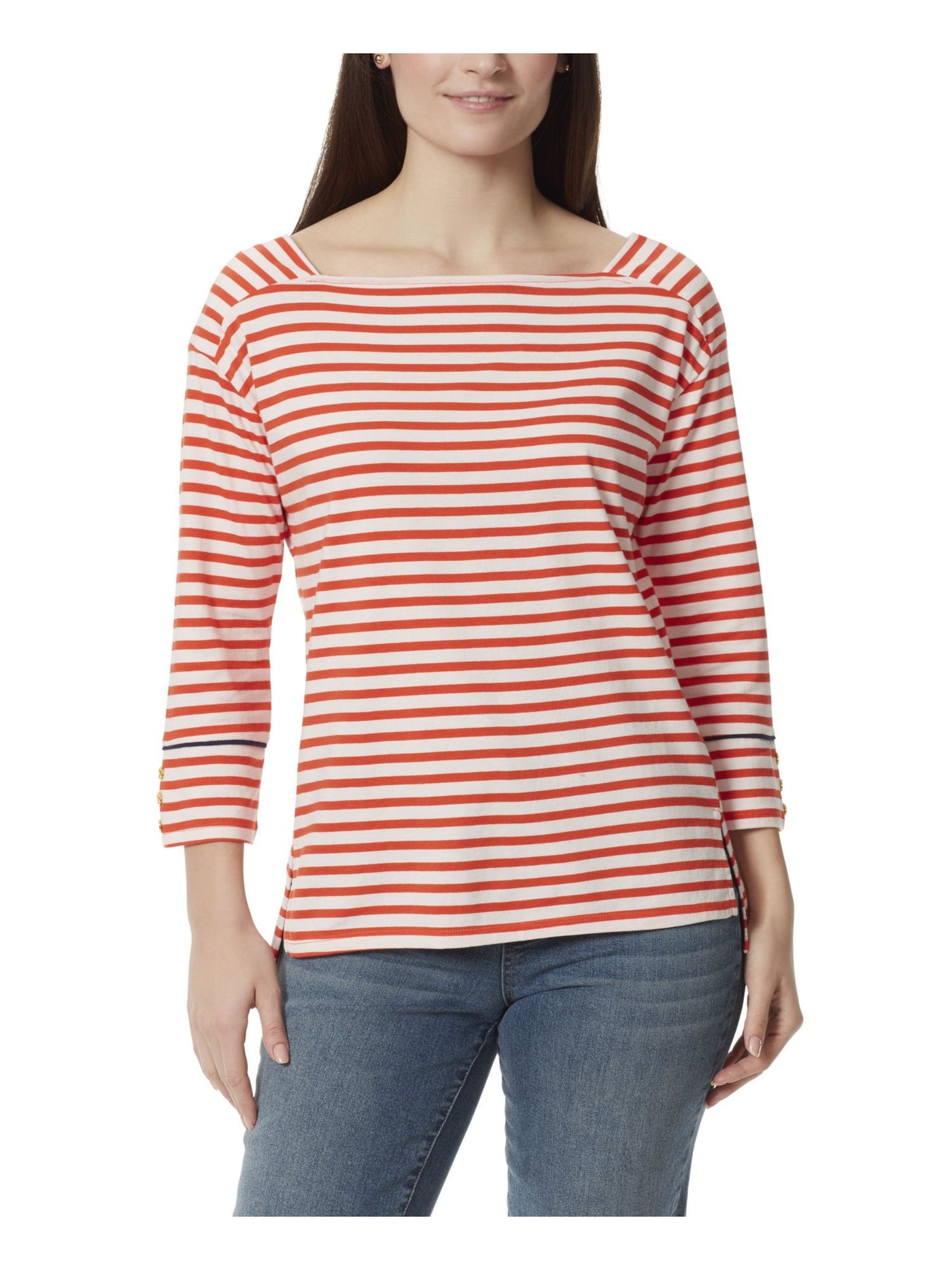 ANNE KLEIN Womens Orange 3/4 Sleeve Boat Neck Top S