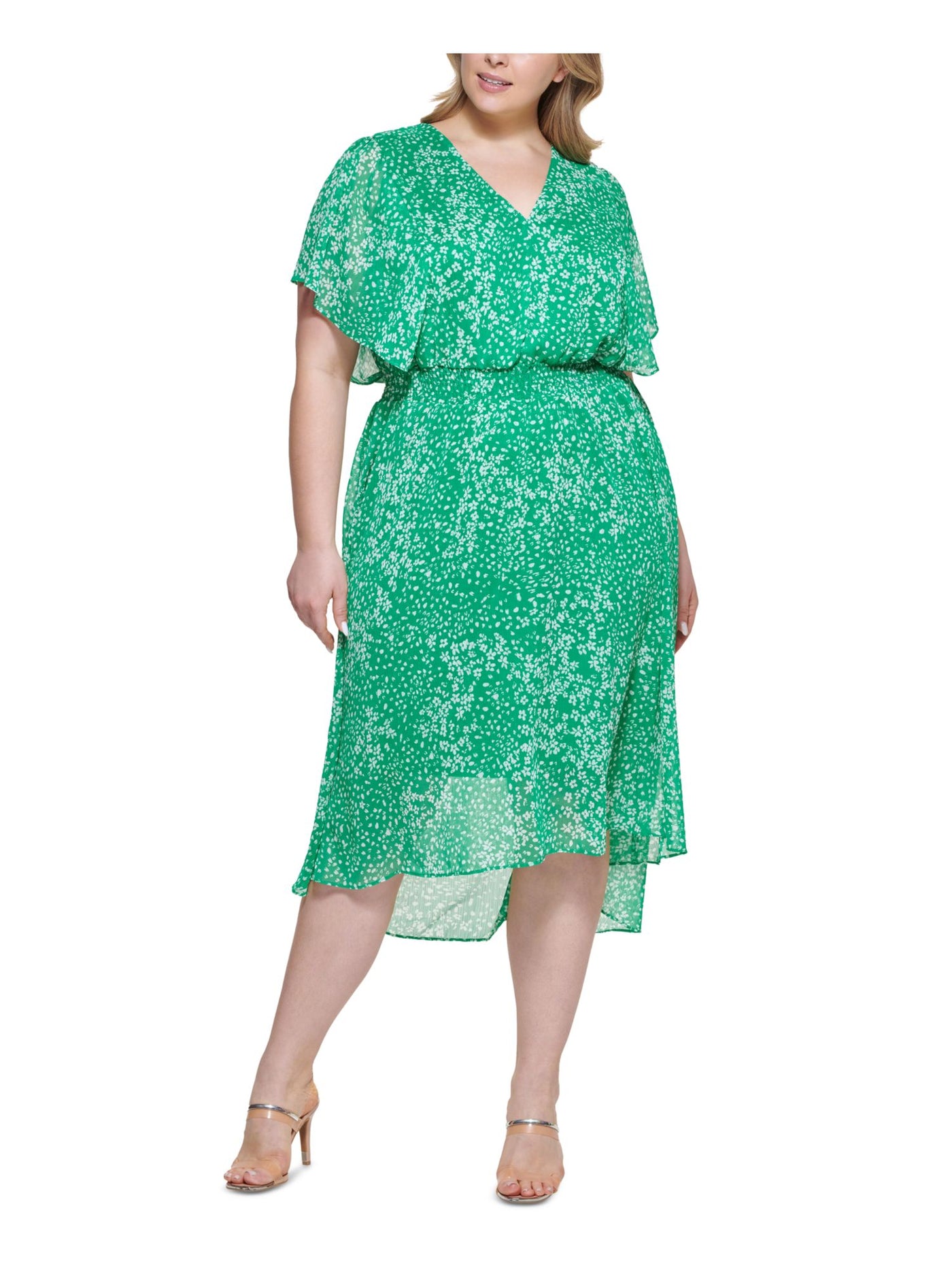 DKNY Womens Green Smocked Lined Pullover Floral Flutter Sleeve V Neck Midi Blouson Dress Plus 20W